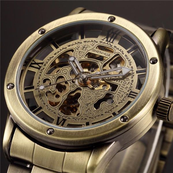 Нарученные часы модные винтажные бронзовые часы для мужчин скелеты часы Shenhua Полная стальная автоматическая механическая сфера hombre montre hommewristwatches