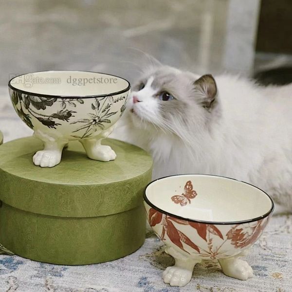 Tigelas para gatos de design, conjunto de tigelas de comida e água para cães, prato de porcelana para animais de estimação com suporte, livre de estresse, prevenção de refluxo, lava-louças e micro-ondas Herbarium J10