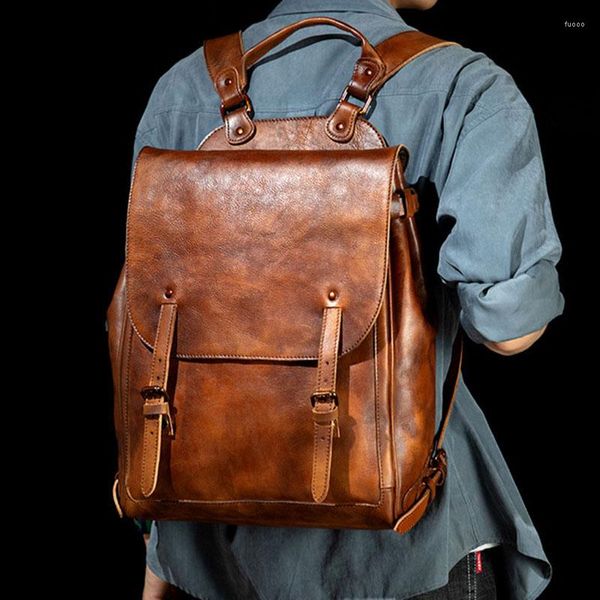 Sırt çantası el yapımı retro erkek çantalar deri sırt çantaları sebze tabaklanmış seyahat moda bilgisayar