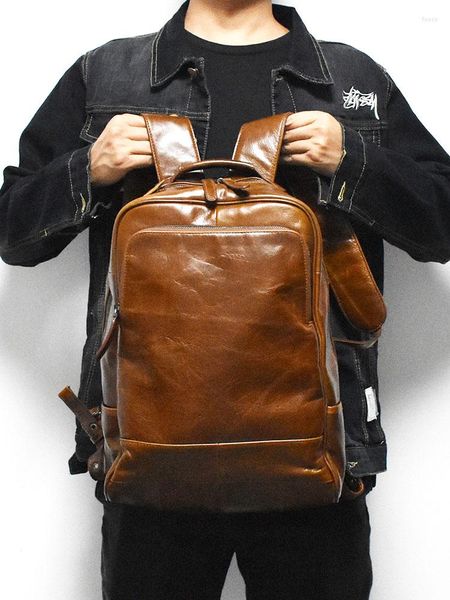 Backpack Luxury masculino de couro genuíno de 15 polegadas de 15 polegadas Bolsa de laptop Black Teen Fashion Fashion Vintage Travel Big Bagpack