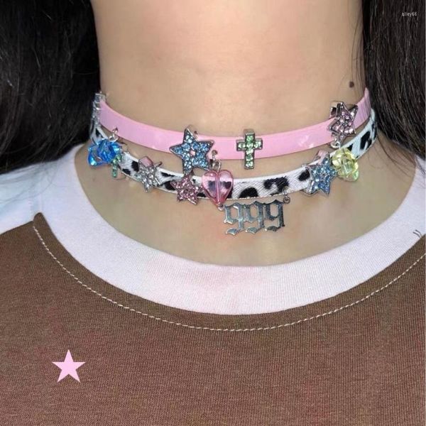 Moda de gargantilha japonesa y2k harajuku jóias milênio grunge estrela cruzamento estético strass rosa colar de couro de chocker na moda