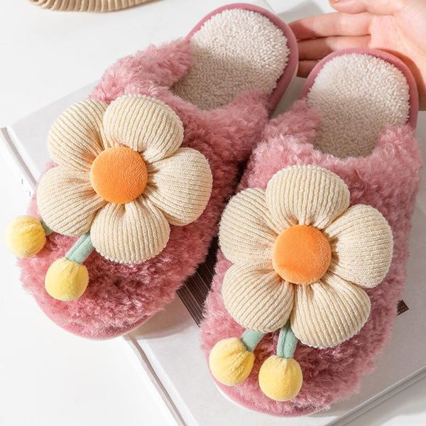 Pantofole Floreale Decorativo Cotone Camera Da Letto Interna Da Donna Antiscivolo Autunno E Inverno Peluche In Pile Comode Scarpe Calde