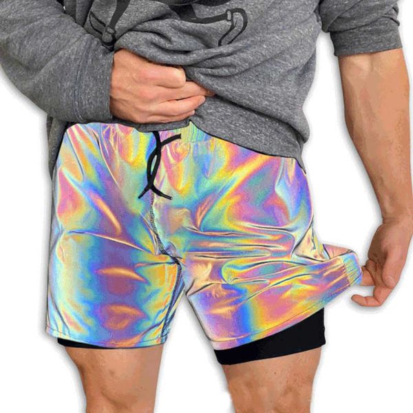 Shorts masculinos Arco -íris shorts reflexivos da marca Men Jogger Casual Night Club deslumbrante calça fluorescente masculino Hip Hop Ourdoor Sortpants Z0216