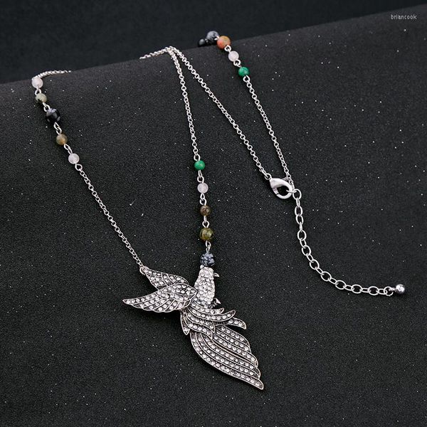 Kolye Kolye Antik gümüş renk sentetik taş boncuklar zincir kristal kuş kolye ayarlanabilir kadın moda takılar