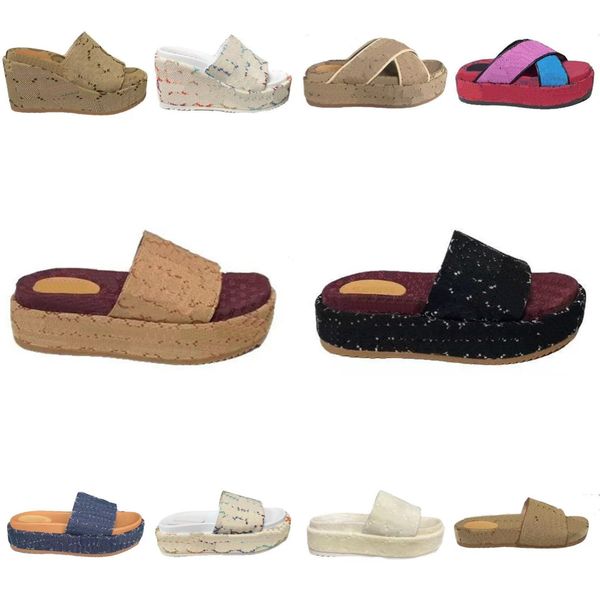 Slipper 2023 Bayan Angelina Platform Slayt Moda Kalın Alt Sandalet Jakquard Denim İşlemeli Tuval Tasarımcı Erkekler Terlik Üzerine Kaymak