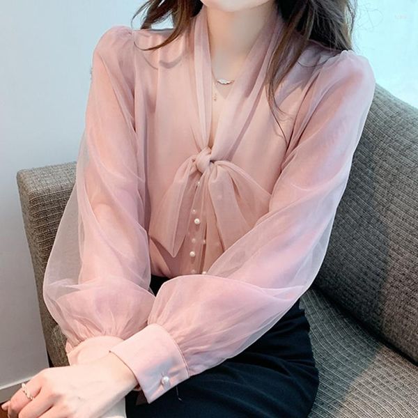 Женские блузки элегантная жемчужная рубашка из шифоновой блузки для женщин весна осень осень 2023 мода Красивая топ с длинным рукавом.