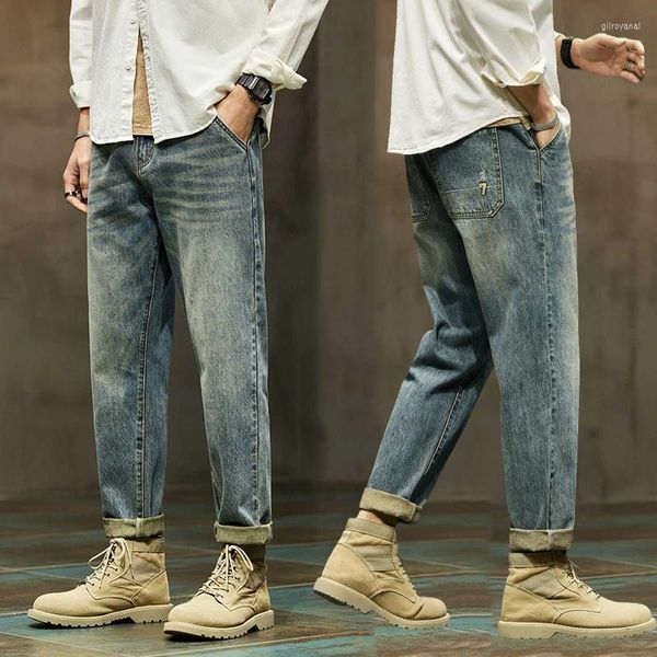 Calças de jeans masculinas, homens folgados, calças de harém soltas azuis de perna largura de perna larga calça de jeans de vestuário masculino