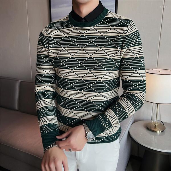 Camisolas masculinas Superior Contraste de Diamante de Diamante Camisa Camisa Pescoço Para Men, para o outono masculino e inverno moda Jacquard Pullover casual Men