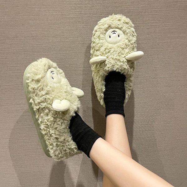 Sandálias Fuzzy Lamb Slippers fofos sapatos quentes e aconchegantes, formato de animal para mulheres, abastecimento de inverno xrq88