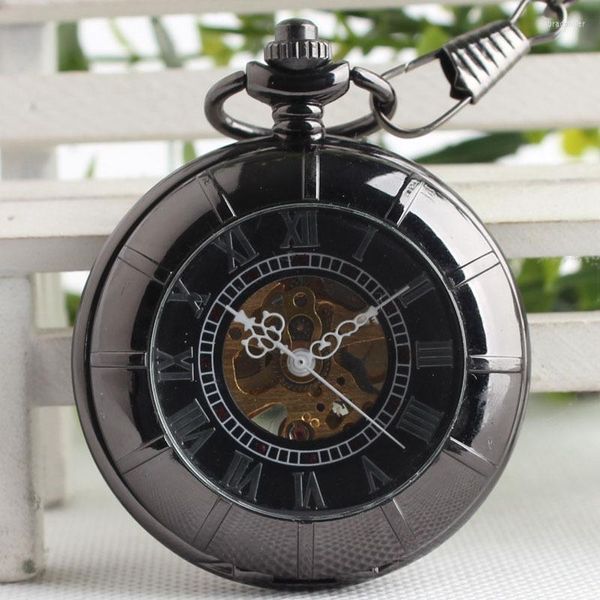 Pocket Watches Classic Skeleton Polished Numbers Romanos Dial Dial Hand Wind Wind Chain FOB para homens Rellojes TJX104