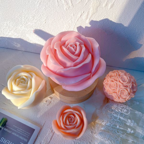 Velas 3 tamanhos Rose Candle Mold Mold Idéia de presente do dia dos namorados Bola de flor Decoração de casa de silicone 230217