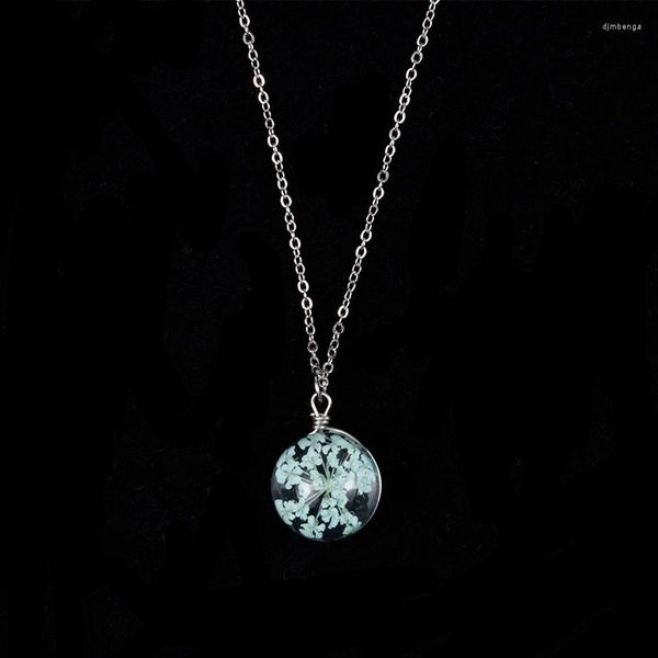 Anhänger Halsketten Stil Mode Handgemachte Natürliche Echte Getrocknete Blume Runde Spitze Glas Halskette Für Frauen Charme Schmuck