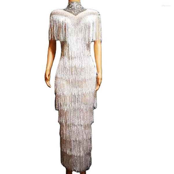 Abbigliamento da palcoscenico Shining Rhinestone White Fringes Dresses Women Mesh Transparent Split Long Bar Dance Party Costume