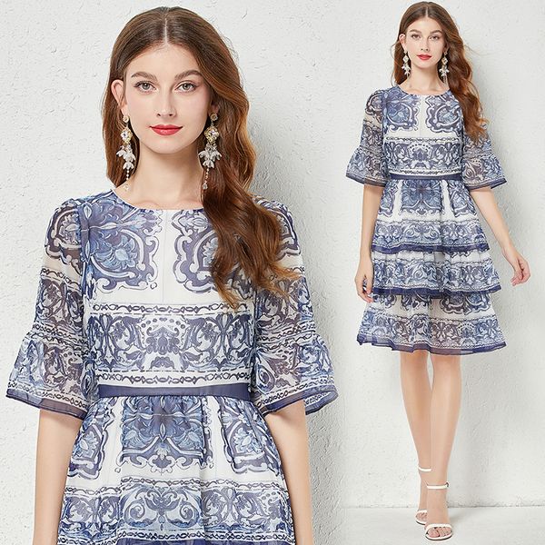 Grundlegendes Freizeitkleid 2023 Paisley-Druck Sommerkleid Damen Designer Kurzarm Hoch tailliertes, schlankes A-Linien-Party-Kuchenkleid Elegantes Damen-O-Ausschnitt-Vintage-MIDI-Clubballkleid