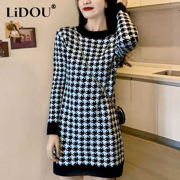 Casual Kleider Herbst Winter Vintage Houndstooth Print Mini, Figurbetontes Kleid Damen Lässige Mode Robe Stricken Plaid Kleider Vestidos De Fiesta Z0216