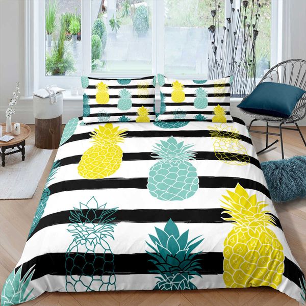 Conjuntos de cama Casa Living Luxo 3D Ouro Abacaxi Conjunto de Cama Frutas Capa de Edredão Caso Rainha e Rei UE / EUA / AU / Reino Unido Tamanho Consolador Cama