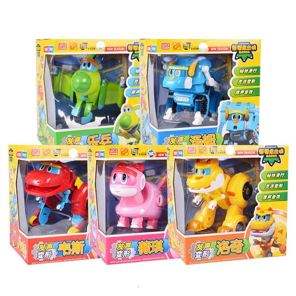 Action Figures giocattolo 5 pezzi / set Big Gogo Dino ABS Deformazione auto / aereo con action figure sonore REX / PING / TOMO Trasformazione Dinosauro giocattolo per bambini 230217