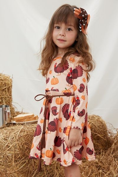 Exklusive Mädchenkleider von Girlymax, Herbst-Thanksgiving-Baby, Milchseide, florales Türkei-Druck-Twirl-Kleid, knielang, Kinderkleidung, langärmelig, 230217