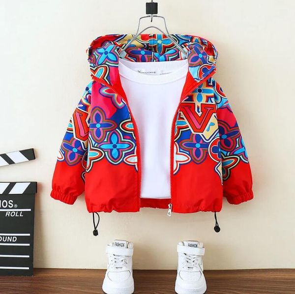 L300 Kinder Designerjacke Windjacke Baby Jungen Mädchen Frühlingsjacken rot bedruckter Kindermantel mit Kapuze