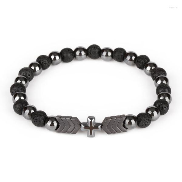 Strand 6mm Black Rough Rock Lava Mineral Stone Bead Alternate Ematite Arrow Cross Charm Beaded Energy Chakra Bracciali per uomo donna