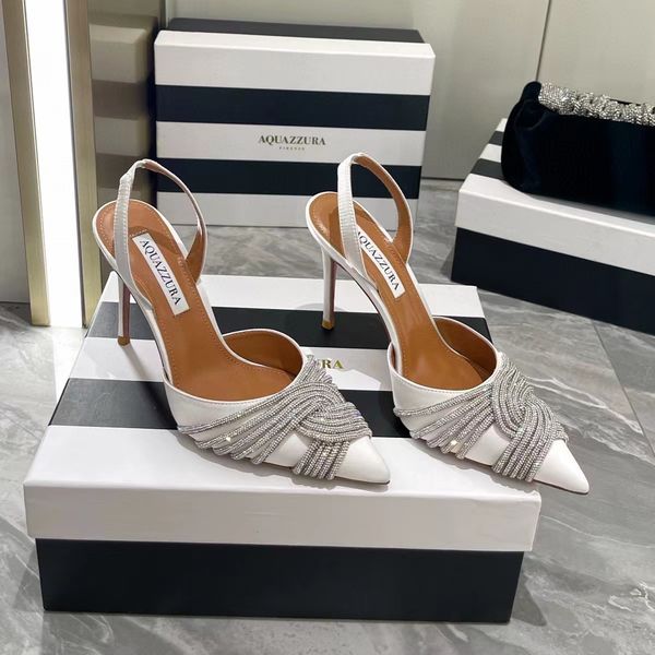 Aquazzura yüksek kaliteli tasarımcılar topuklu yeni kadın sandalet 10 cm kadın topuklar Crysta Buckle parti gelinlik ayakkabı topuk seksi sırt kayışı 100% deri taban sandal