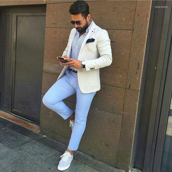 Erkekler Yaz Plajı Sıradan Erkekler Düğün Damat Smokin Mavi Pantolon için Fildişi 2 Pip İnce Uygun Kostüm Homme Blazer Sağdıç Kıyafet