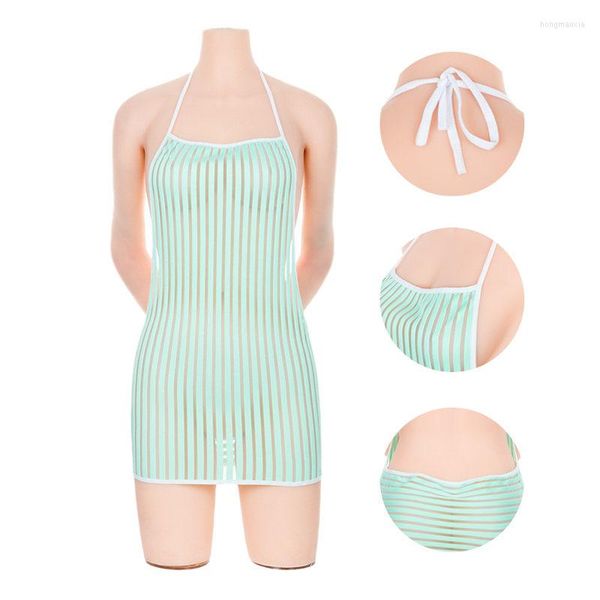 Abiti casual 2023 Mini abito sexy sopra il ginocchio a righe Lolita giapponese See Through Cosplay Maid Uniform Halter Backless