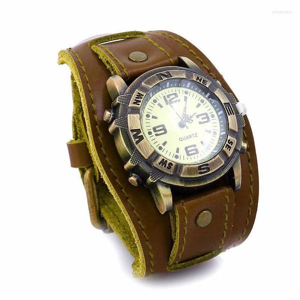 Kol saatleri vintage retro deri kayış izle kadınlar erkek punk kuvars manşet bileklik bileklik gündelik saatler hediyewristwrtwatches will22