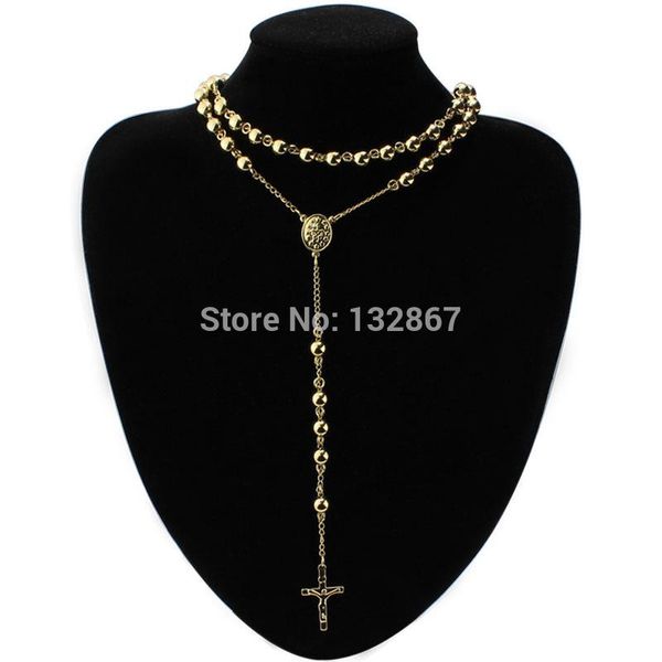 Hanger Kettingen 8mm Mannen Vrouwen Zware Goud Rvs JEZUS Kruis Rozenkrans Ketting 30 ''5.5''