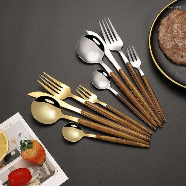 Set di stoviglie Stoviglie per la casa Acciaio inossidabile Argento Coltello dorato Forchetta Cucchiaio Manico in legno Posate da cucina Posate occidentali