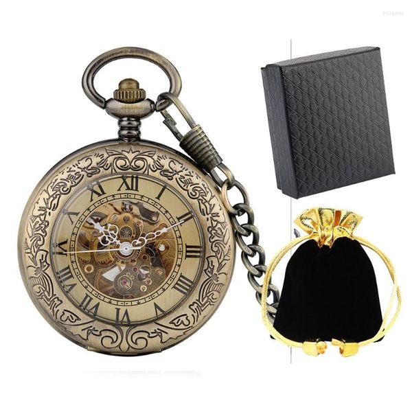 Orologi da taschino Meccanici da uomo in vetro trasparente con numeri romani Display Elegante catena vintage Fob Orologio di lusso regalo maschile