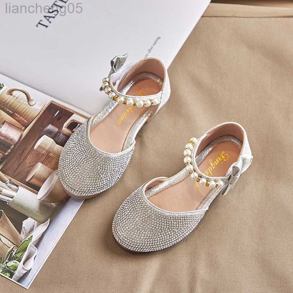 Sandalet kızlar prenses sandalet çocuklar inci yay rhinestone flats ayakkabı küçük çocuklar tatlı yumuşak kaymaz çocuklar ayakkabı e954 w0217