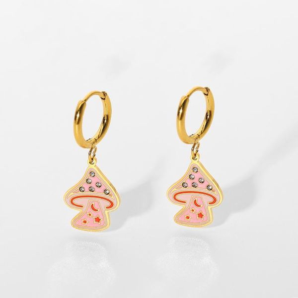 Orecchini a cerchio Huggie Summer Mushroom Drop Acciaio inossidabile Jewerly Oro 18 carati Diamante Smalto rosa Fascino per ragazze carine