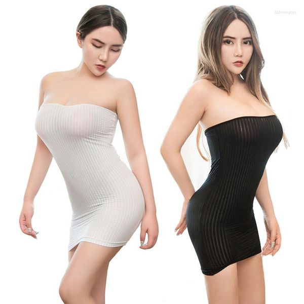 Lässige Kleider, sexy Damen, gestreift, figurbetont, Boob Tube, Minikleid, trägerlos, halb durchsichtig, dehnbar, ausgefallene Clubwear