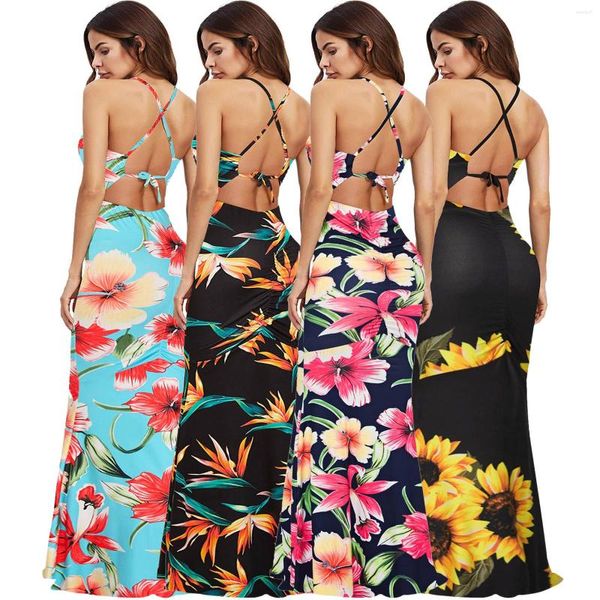 Sıradan Elbiseler Kadın Yaz Maxi Sundress Strap Boho Beach Tatil Strapless Sırtsız Seksi Saten Baskı Parti Vestidos için Uzun Elbise