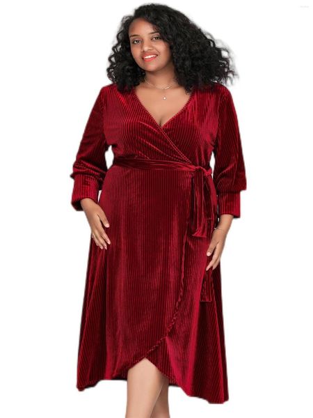 Vestidos de tamanho plus size manga longa outono de inverno de inverno chic women women v-deco