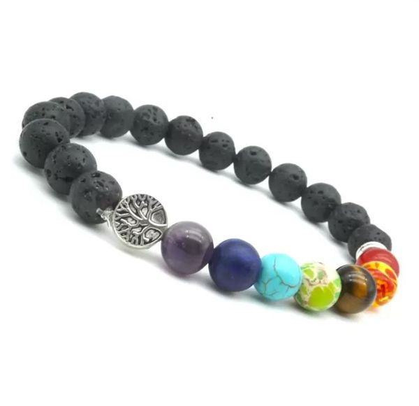 Bracelets de charme Sete chakras ￡rvore de vidas Charmos de 8mm de lava preto Lava Stone Diy aromaterapia