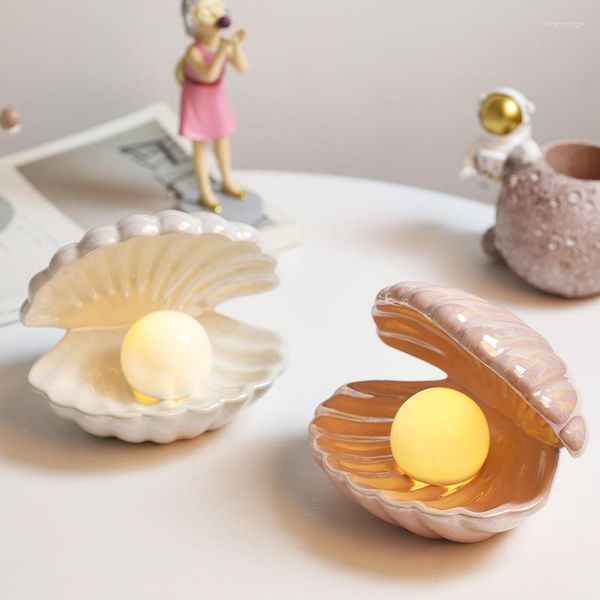 Luci notturne Guscio in ceramica con luce perlata Fata LED Lampada da comodino Decorazione Tavolo scrivania per bambini Camera da letto Home Decor