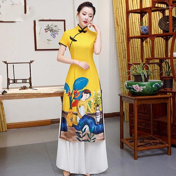 Etnik Giyim Ao Dai Vietnam Geleneksel Oriental Style Elbiseler Vintage Cheongsam Elbise Sarı Saten İpek Uzun Elbise Qi Pao Kadınlar