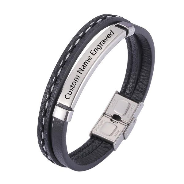 Braccialetti con ciondoli Uomo Bracciale con nome personalizzato Moda Braccialetti in pelle in acciaio inossidabile Cinturino fatto a mano Lunghezza regolabile Regalo ragazzo maschio KZ1097