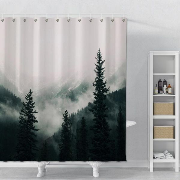 Cortinas de chuveiro cortina florestas estampadas na montanha neblina banheiro impermeável com ganchos decoração de casa