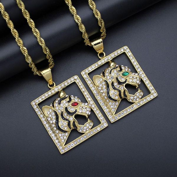 Colares pendentes Hip Hop Bling gelo fora de aço inoxidável animal leopardo chita de pingentes quadrados para homens jóias de jóias de ouro presente de cor dourado