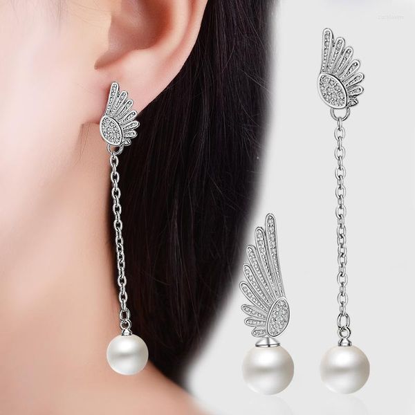 Dangle Oorbellen Authentieke 925 Sterling Zilveren Naald Engelenvleugel Met Witte Parel Heldere Zirkoon Oorbellen Voor Vrouwen Jubileum Sieraden