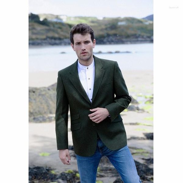 Abiti da uomo Giacca da uomo Tweed a spina di pesce Verde militare Colletto con risvolto Monopetto Steampunk Abbigliamento Matrimonio Smoking Blazer Festa