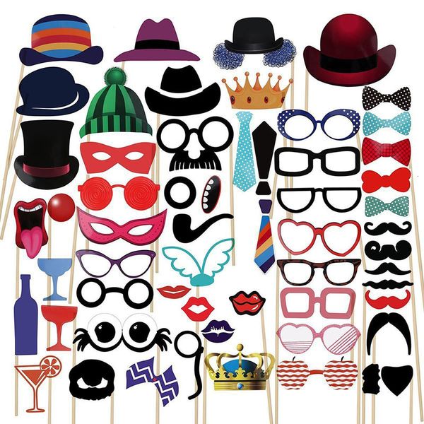 Andere Event-Party-Zubehör, 58 Stück, Po-Stand-Requisiten, Krone, DIY-Maske, Brille, Papier, Bart, Schnurrbart, Lippe auf einem Stock, Babyparty, Geburtstag, Hochzeit, Partyzubehör 230217