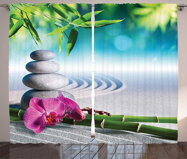 Cortinas cortinas de decoração de spa cortinas por orquídea de areia e pedras de massagem no jardim zen ensolarado dia meditação sala de estar em casa