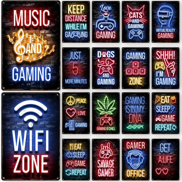 Vintage Gamepad Poster Metal Tin Sign Néon Light Glow Lettering Decor Let Sign Sala de jogo Arte de parede Placa Modern Decoração de casa Moderna Decoração de parede neon Tamanho 30x20 W01