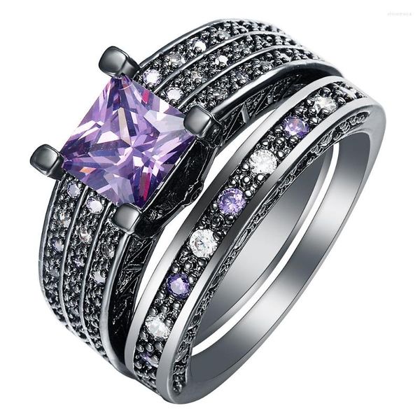 Fedi nuziali 2023 Purple Vintage Black Gun Promise Luxury Band Jewelry Princess Setting Engagement CZ Finger Ring For Women