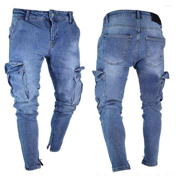 Calças de calça lateral de jeans masculinos Hombre as calças de pantalones de jeans de carga de carga de lápis de bolso de algodão multi motoqueiro