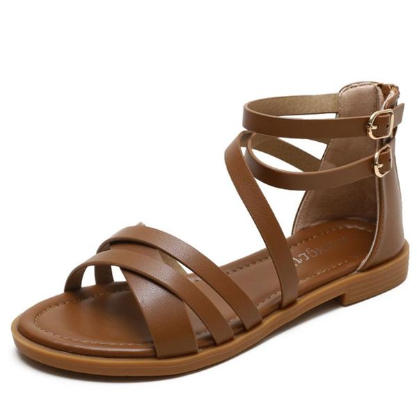 Sandalen 36-42 Große Damen Sommer Dünner Gürtel Freizeit Flacher Boden Einfaches Strandresort Roman